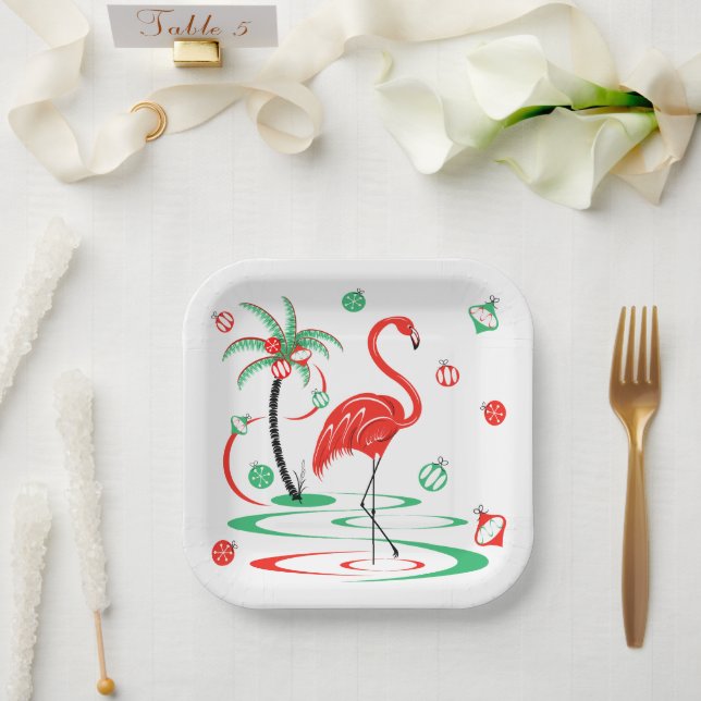Assiettes En Carton Flamant rose de Noël rouge Baubles carré (Mariage)