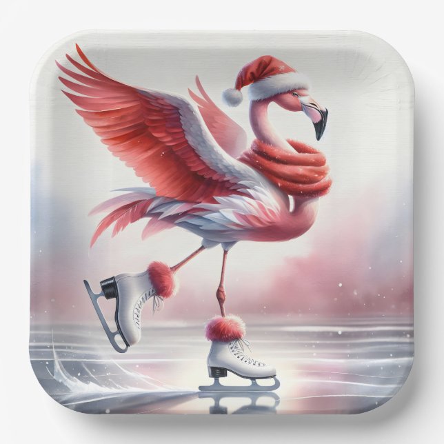 Assiettes En Carton Flamant rose De Noël Sur Patins (Recto)