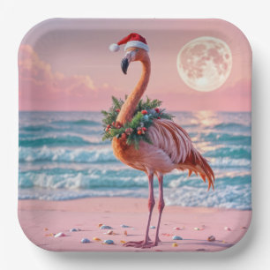 Assiettes En Carton Flamant rose De Noël Sur Pink Beach