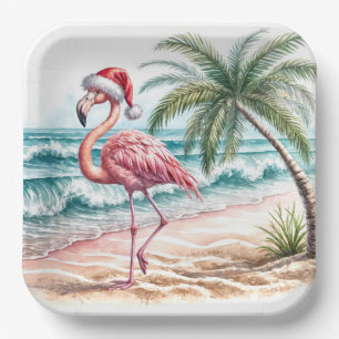 Assiettes En Carton Flamant rose de Noël sur une plage