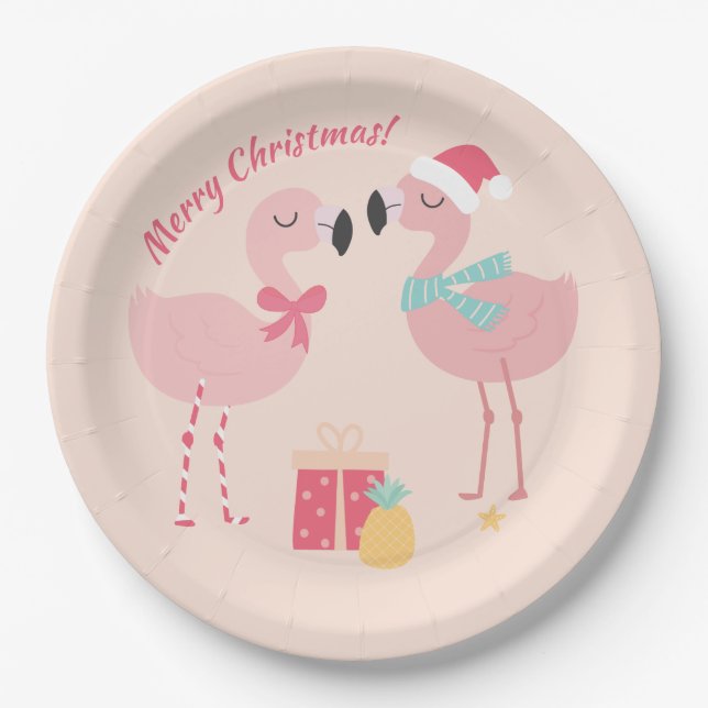 Assiettes En Carton Flamant rose de Père Noël tropical - Noël (Devant)