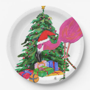 Assiettes En Carton Flamant rose et sapin de Noël