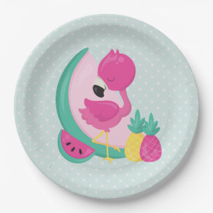 Assiettes En Carton Flamant rose rose avec pastèque et ananas