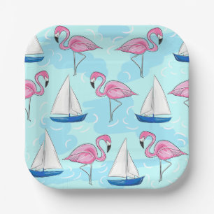Assiettes En Carton Flamant rose rose Blue Voilier Preppy