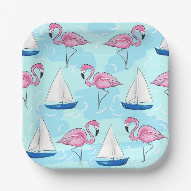 Assiettes En Carton Flamant rose rose Blue Voilier Preppy (Recto)