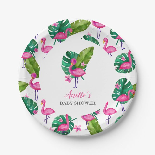 Assiettes En Carton Flamant rose rose Plaque Baby shower moderne (Devant)