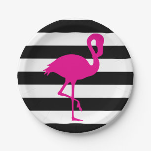 Assiettes En Carton Flamant rose rose rayé noir et blanc