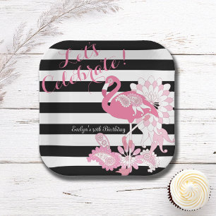 Assiettes En Carton Flamant rose rose rayé noir et blanc Anniversaire
