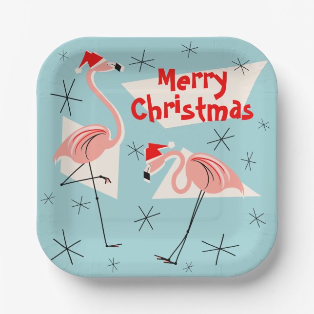 Assiettes En Carton Flamant rose Santas Blue Joyeux carré de Noël (Recto)