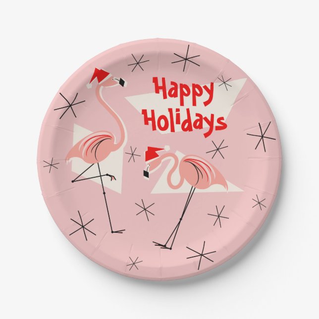 Assiettes En Carton Flamant rose Santas rose Happy Holidays plaque pap (Devant)