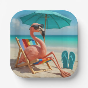 Assiettes En Carton Flamant rose Sur Transat De Plage