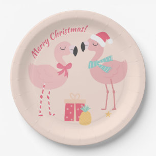 Assiettes En Carton Flamant rose tropical de Père Noël - Noël