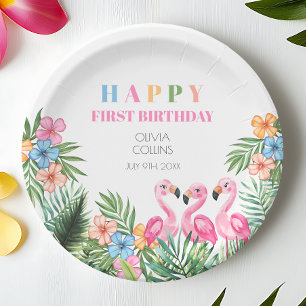 Assiettes En Carton Flamant rose tropical d'été Joyeux 1er anniversair