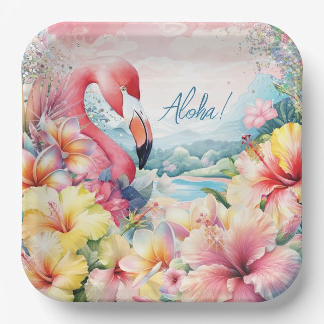Assiettes En Carton Flamant rose Tropical d'été Luau Plate Design (Recto)