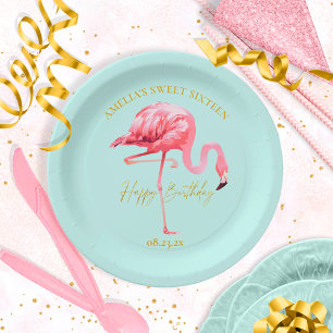 Assiettes En Carton Flamant rose tropical doux 16 Joyeux anniversaire 