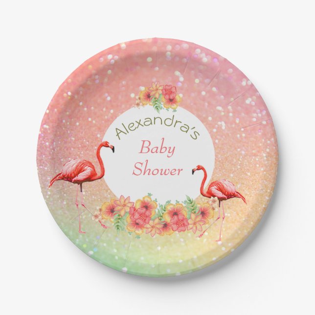 Assiettes En Carton Flamant rose tropical Parties scintillant Baby sho (Devant)