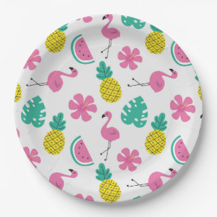 Assiettes En Carton Flamants roses, ananas et fleurs
