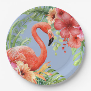 Assiettes En Carton Flamants roses d'aquarelle tropicale et Hibiscus