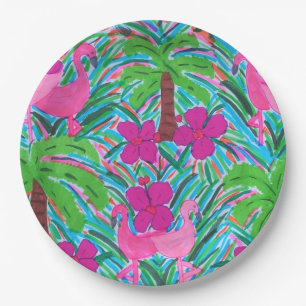 Assiettes En Carton Flamants roses de beach party et palmiers
