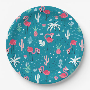 Assiettes En Carton Flamants roses, Fleurs et Cactus
