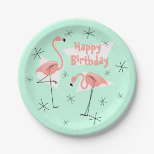 Assiettes En Carton Flamants roses Retro Green Joyeux anniversaire