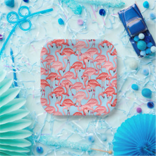Assiettes En Carton Flamants roses Roses Clairs Sur Bleu