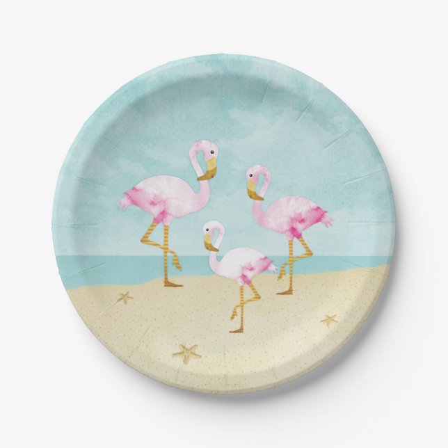 Assiettes En Carton Flamants roses roses d'aquarelle sur la plage (Devant)