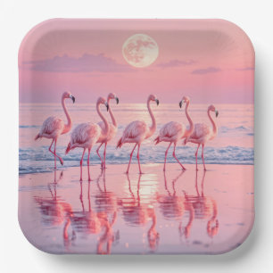 Assiettes En Carton Flamants roses Sur une plage rose
