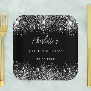 Assiettes En Carton Flambée de parties scintillant noire en argent