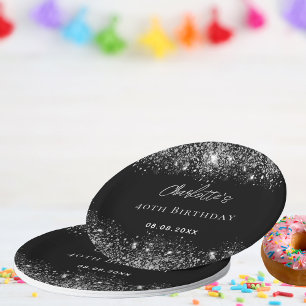 Assiettes En Carton Flambée de parties scintillant noire en argent