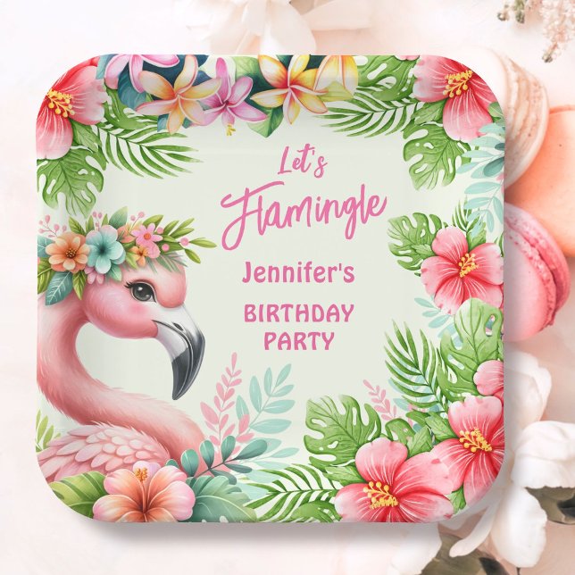 Assiettes En Carton Flamingle Girl Pink Flamant rose fête d'anniversai (Créateur téléchargé)