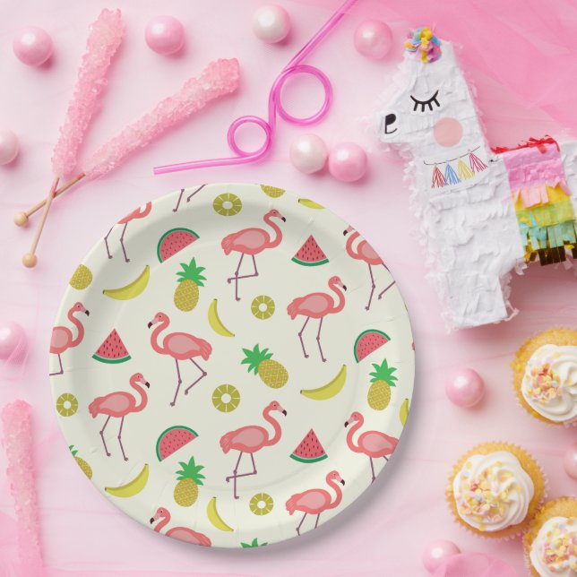 Assiettes En Carton Flamingo avec pastèque et ananas (Fête)