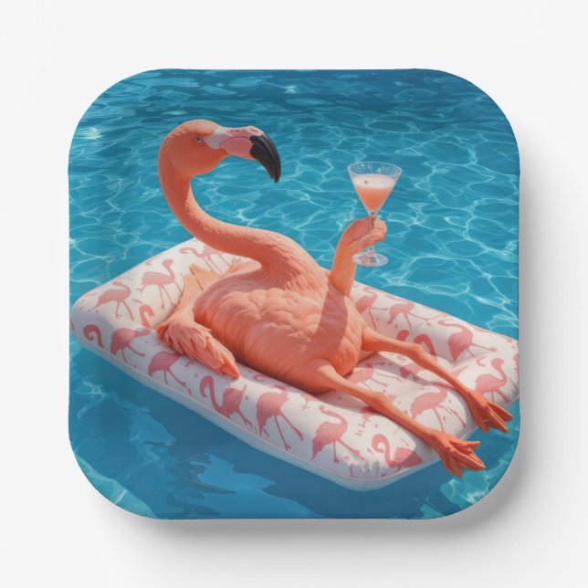 Assiettes En Carton Flamingo Floating With a Cocktail In a Pool (Recto)