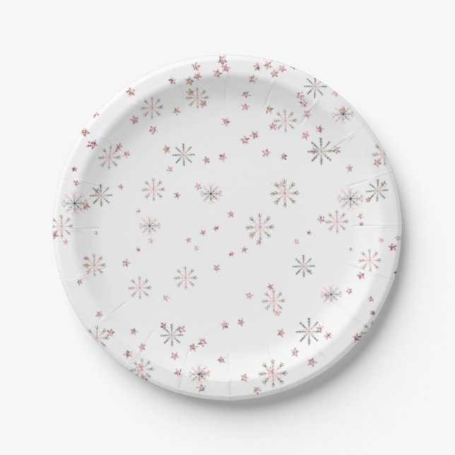 Assiettes En Carton Flammes de neige d'hiver rose et argent (Devant)