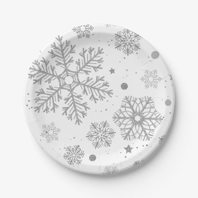 Assiettes En Carton Flammes de neige en argent sur blanc (Devant)