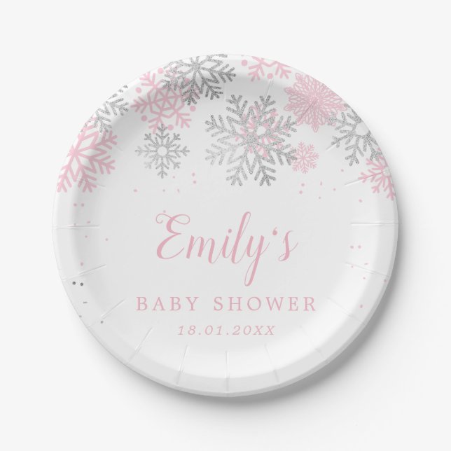 Assiettes En Carton Flammes De Neige Hiver Baby shower Rose Et Argent  (Devant)