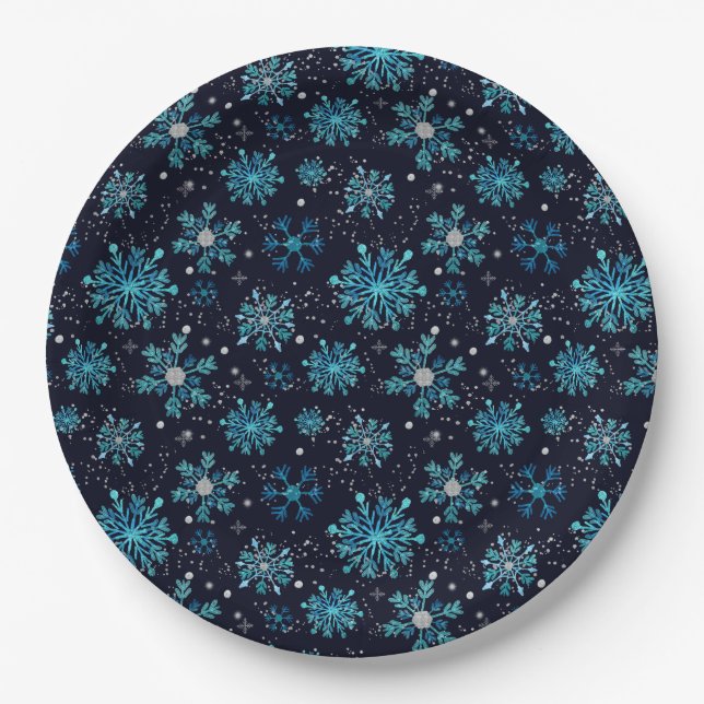 Assiettes En Carton Flèches de neige bleues et argentées (Devant)