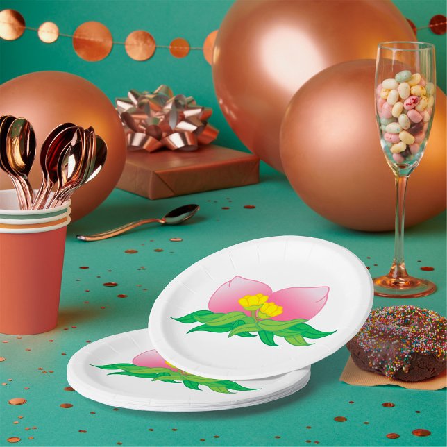 Assiettes En Carton Fleur à Pétales Roses avec Fleurs Jaunes (Créateur téléchargé)