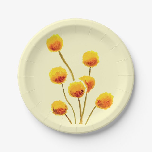 Assiettes En Carton Fleur australienne native de Billy Button jaune (Devant)