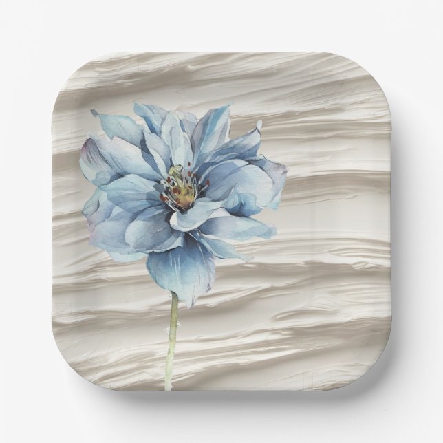 Assiettes En Carton Fleur Bleue Aquarelle Sur Abstrait D'Ivoire (Recto)