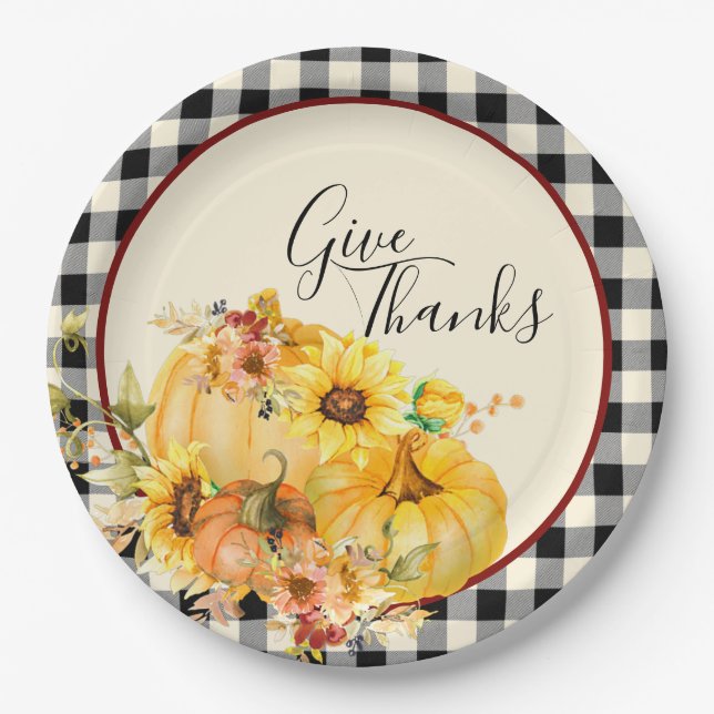 Assiettes En Carton Fleur citrouille et chèque Thanksgiving (Devant)