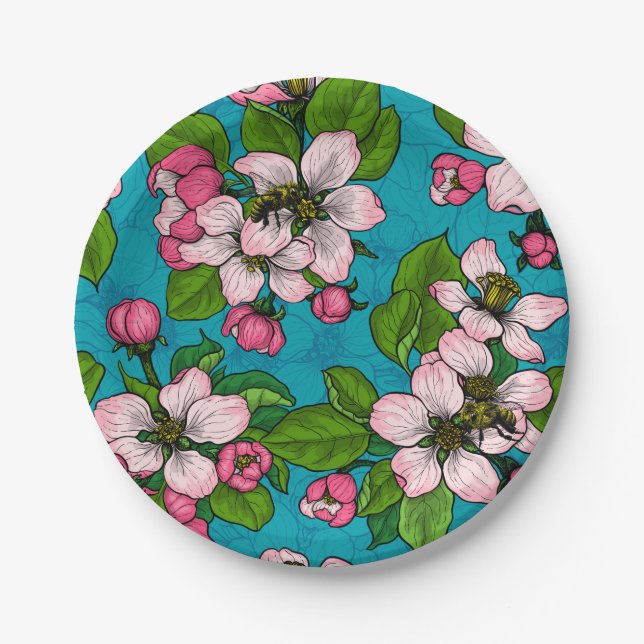 Assiettes En Carton Fleur d'Apple sur le turquoise (Devant)