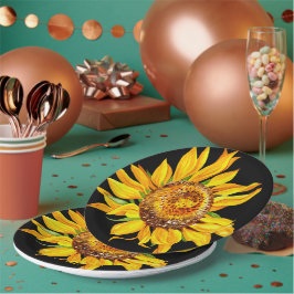 Assiettes En Carton Fleur d'aquarelle de tournesol Jaune Noir