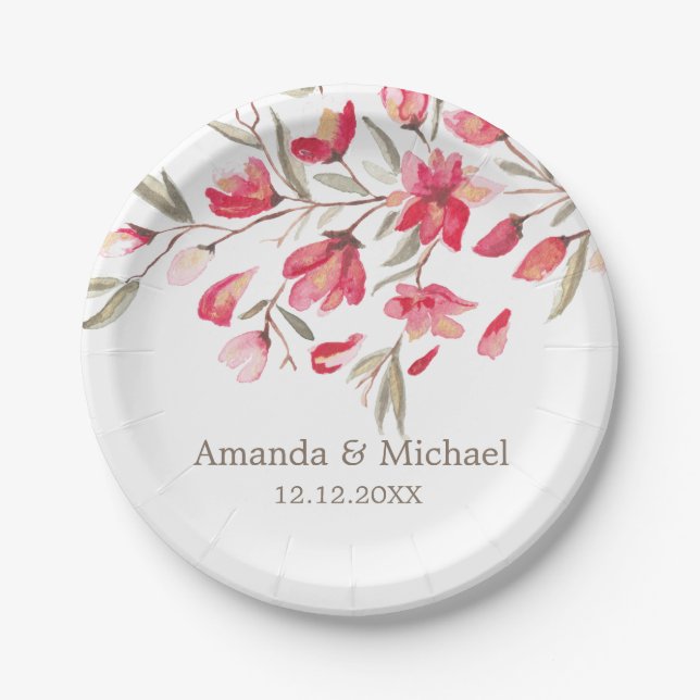Assiettes En Carton Fleur d'aquarelle rose mariage (Devant)