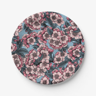 Assiettes En Carton Fleur de cerisier rose et bleu