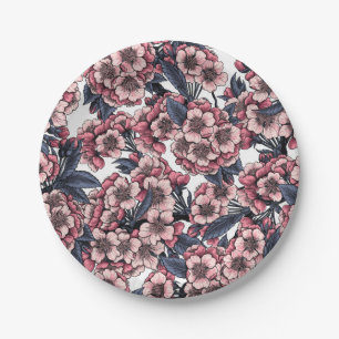 Assiettes En Carton Fleur de cerisier rose et bleu