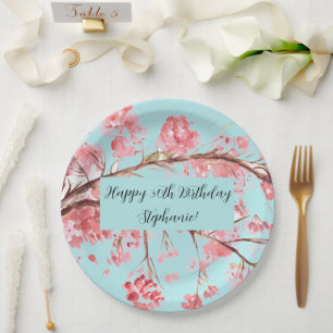 Assiettes En Carton Fleur de cerisier Sakura Rose Turquoise Anniversai