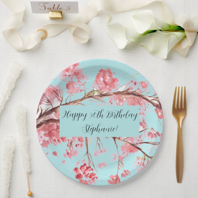 Assiettes En Carton Fleur de cerisier Sakura Rose Turquoise Anniversai (Mariage)