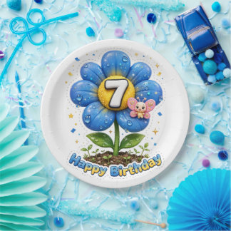 Assiettes En Carton Fleur de Daisy Bleue 7ème Anniversaire