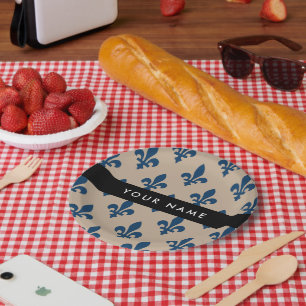 Assiettes En Carton Fleur de Lis, Bleu Marine sur Beige, Royal, Votre